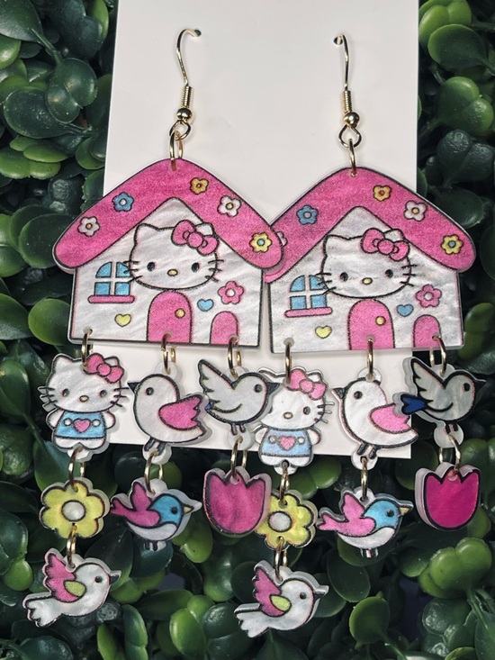 Handmade Jewelry - Hello Kitty Pink & White House Dangle Earrings